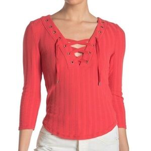 Free People Ice Cold Lace Up Ribbed Top 3/4 Sleeve Size Small